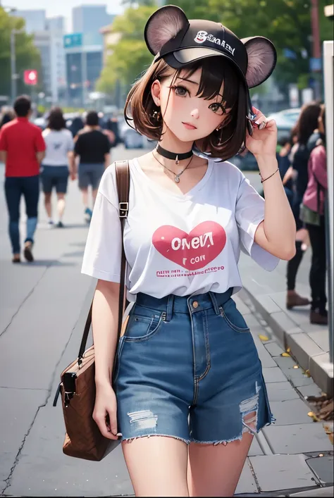 Top quality, highly detailed, UHD, idol, playing at an amusement park, cute and beautiful anthropomorphic koala girl with brown curly bob hair wearing a heart-shaped choker, casual clothes