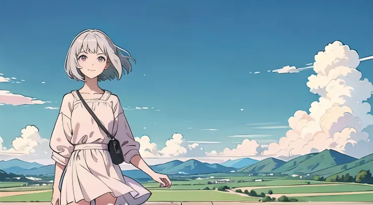 masterpiece, Highest quality, Super detailed, A girl standing on a hill, feeling the wind, Pull cut, Silver Hair, Very short hairstyle, Pink Eyes, smile, Casual and natural summer outfit, Panoramic, blue sky, Minimalist composition