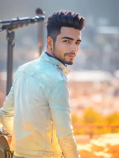 there is a man that is standing in front of blue hills with a guiter, stylish pose, wearing brown leather jacket, candid picture, portait photo profile picture, handsome man, mohamed chahin style, shot on nikon z9, profile picture 1024px, photo of a man, p...