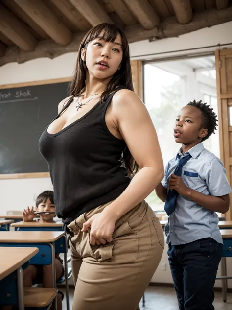 (Mature southkorean!woman & little gradeschooler african!boy), BREAK, Teacher girl, mouth open, 42yo sensual southkorean l!milf teaching in secluded poor african (gradeschool shack) deep by the Kenya forest. dark hair with bangs, lipgloss, natural make-up,...