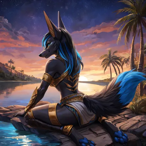 a furry drawing of a female jackal resting near a lake, palm trees,  ((at night 1.2)), full body picture, digitigrade legs, wolf paws, wolf foot paws, wearing golden jackal armor with blue highlights, jackal warrior, attractive jackal girl, female anubis, ...