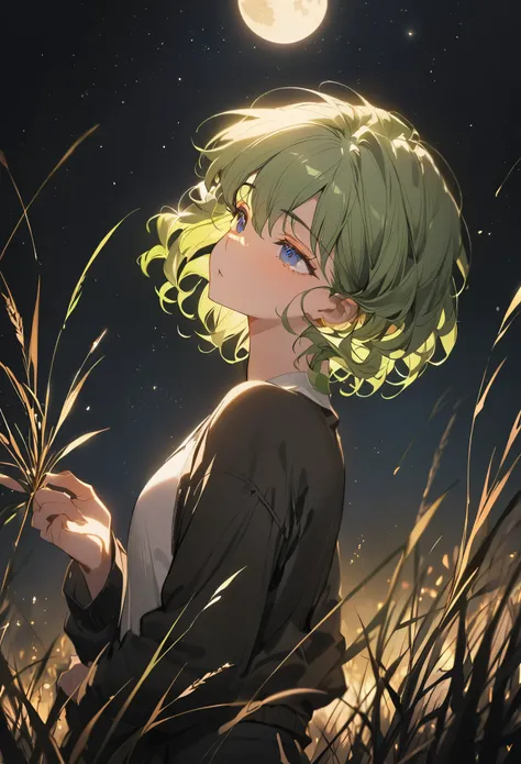 1 boy,white shirts, black jacket, black pants,green hair,short hair, curly hair,from side, looking above, blue eyes,narrow eye,brown grasses, grow starry sky,cresent moon,at night,cold light,masterpiece,best quality, ultra detail, beautiful eyes,perfect ha...