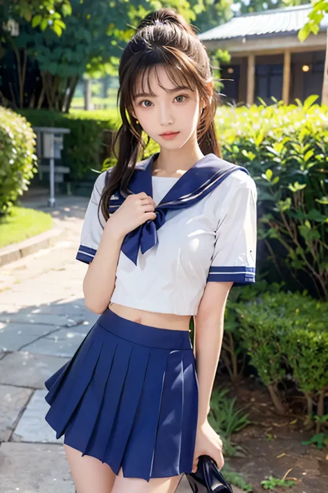 (Ultra HD), (Looking at me), (The whole body is shown), (Short-sleeved sailor uniform, Navy blue low-rise mini skirt), Big Breasts, Super beautiful breasts, slender, Narrow waist, (Thin legs:1.2), (Thin thighs:1.2), (Thin Hips:1.4), (Beautiful Skin, Shiny ...