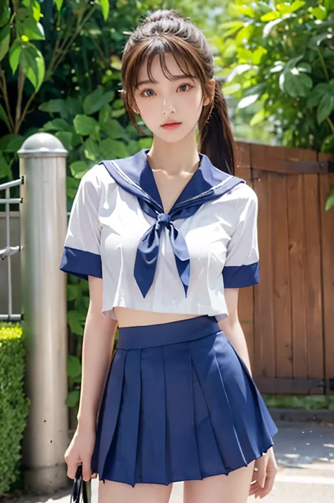 (Ultra HD), (Looking at me), (The whole body is shown), (Short-sleeved sailor uniform, Navy blue low-rise mini skirt), Big Breasts, Super beautiful breasts, slender, Narrow waist, (Thin legs:1.2), (Thin thighs:1.2), (Thin Hips:1.4), (Beautiful Skin, Shiny ...