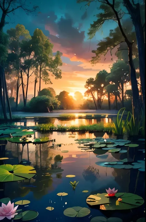 there is a pond with lily pads and water lillies in the water, a digital rendering by Juergen von Huendeberg, shutterstock, hurufiyya, pond with frogs and lilypads, scene from louisiana swamps, green lily pads, located in a swamp at sunrise, aquatic plants...