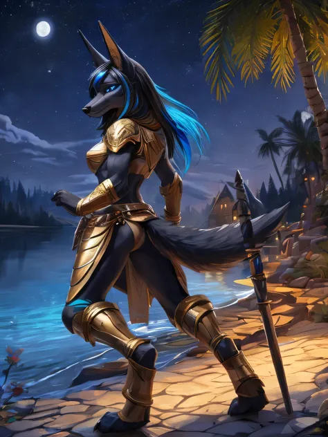 a furry drawing of a female jackal, on her side, near a lake, palm trees,  ((at night 1.2)), full body picture, blue eyes, digitigrade legs, wolf paws, wolf foot paws, wearing golden jackal armor with blue highlights, jackal warrior, attractive jackal girl...