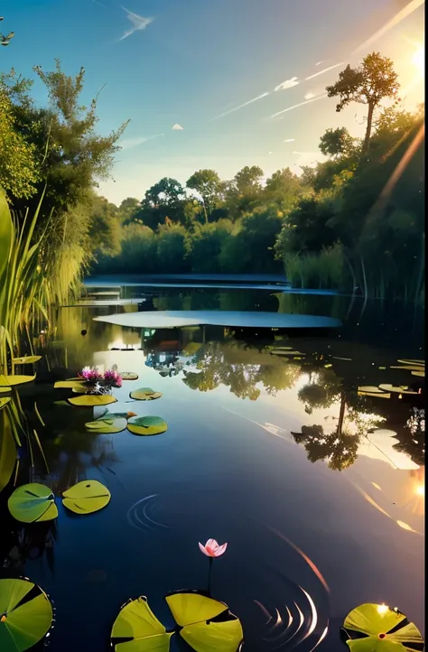 there is a pond with lily pads and water lillies in the water, pond with frogs and lilypads, green lily pads, scene from louisiana swamps, aquatic plants, located in a swamp at sunrise, lily pads, overgrown with aquatic plants, marsh vegetation, flooded sw...