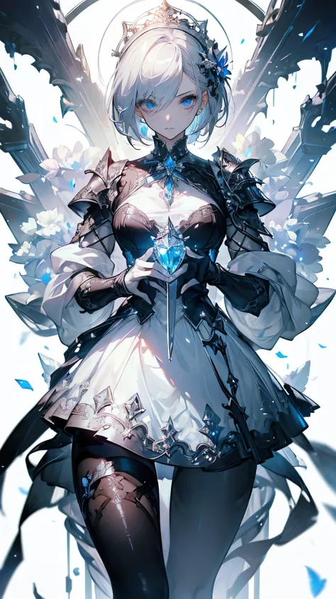 ((masterpiece, best quality)), Epic battlefield atmosphere，Silver Bell Ice Heart，Holding a crystal shield，Maid，Petals falling，A meticulous face，Standing image，Perfect body proportions，Stylish short hair，beautiful eyes，Fantasy style，White background，transpa...