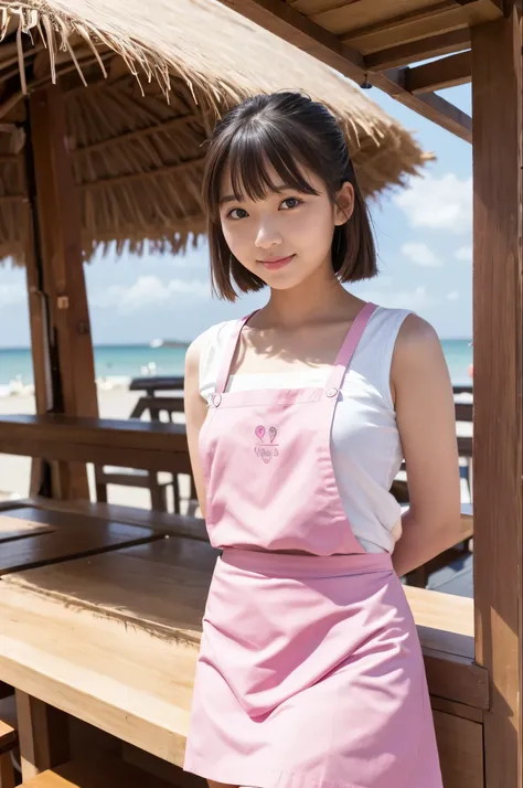 A girl (twenty years old, Japanese cute face) are wearing pink apron, mini skirt at the beach bar