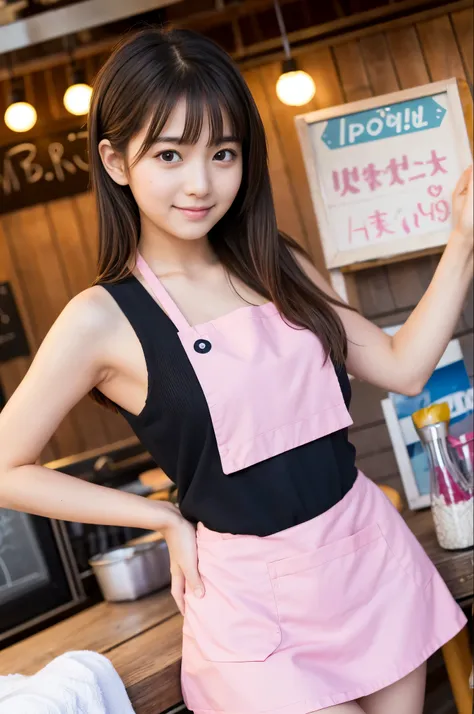 A girl (twenty years old, Japanese cute face) are wearing pink apron, mini skirt at the beach bar