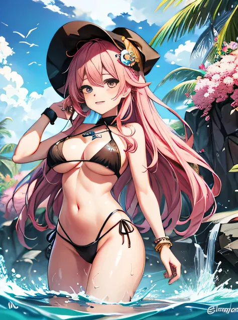 boob, no ab, bikini, summer, slimy boob, long hair, no hat, water splash, pink hair, in water, 