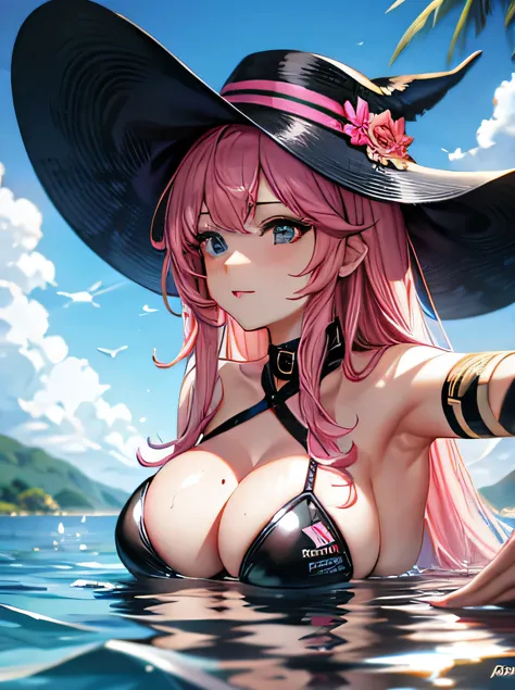 boob,black bikini, summer, slimy boob, long hair, no hat, water splash, pink hair, in water, low angle