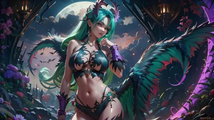 A hyper-realistic version of Morrigan Aensland, wearing a seductive bikini, one side of the bra sagging revealing a breast, with the full moon in the background illuminating her curves