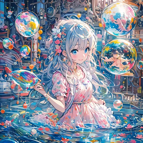 bubble，Sheet Music：，rainbow_bubble，1.Flat-chested girl，fish，long_hair，Submerged，独奏，water，PRİNCESS，Blonde hair and Blue eyes，short_sleeve，（impressionism：1.4），Blue eyes，Little Fairy，8k，CG，Hand details，beautiful girl、Very lovely angel、Pink T-shirt、Lovely、baby...