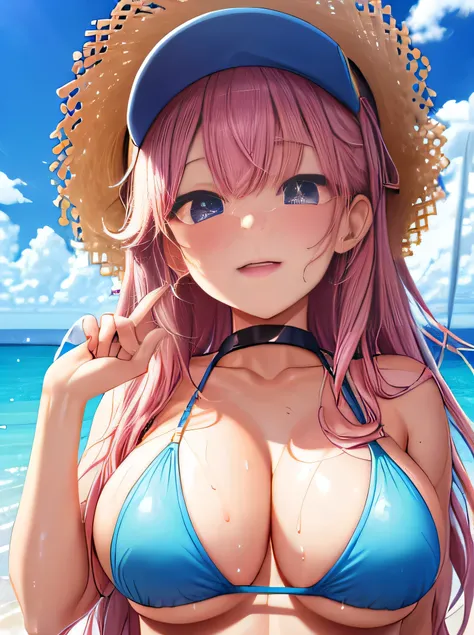 big boob, wet shirt, see through, bikini, sweaty,  cute face, summer, long hair, no hat, pink hair, girl, sweaty, 1, blue ocean, blue sky