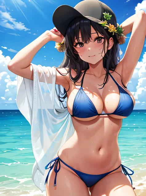 vanilla, ice cream, big boob, wet shirt, see through, bikini, flower, sweaty,  cute face, summer, long hair, no hat, black hair, girl, sweaty, 1, blue ocean, blue sky