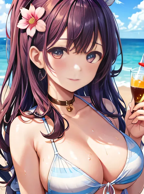 [big boob], cleavage, vanilla, ice cream, melted, sheer blouse, see, bikini, flower, sweaty, cute face, small face, summer, long hair, red hair, pony tail, girl, sweaty, blue ocean, blue sky