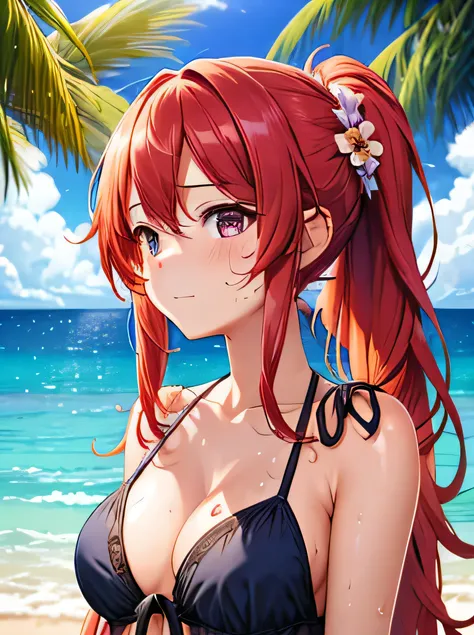 [big boob], cleavage, sheer blouse, see, bikini, flower, sweaty, cute face, small face, summer, long hair, red hair, pony tail, girl, sweaty, blue ocean, blue sky