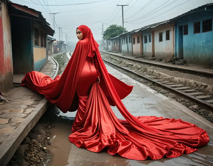 A woman shrouded in a 10-meter-long, plush red satin cloth, tightly bound and grandly draping along the form of her body, flowing off into a pooled floor-length train, styled in a mermaid-inspired outfit, her head modestly veiled in a satin hijab, tall wom...