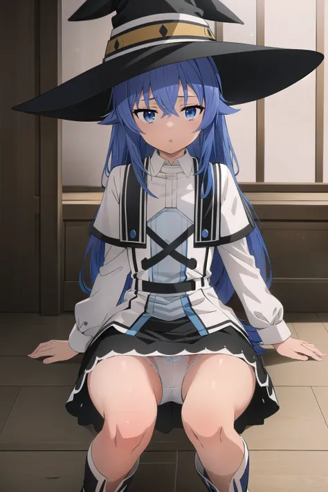 (masterpiece), (Highest quality), One girl, (Roxy Migurdia), Blue Hair, Long Hair, Hair between the eyes, Ahoge, Twin Blade, blue eyes, witch hat, Small breasts, White collared shirt, Long sleeve, Wide sleeves, White capelet, Black Skirt, Black socks, Whit...