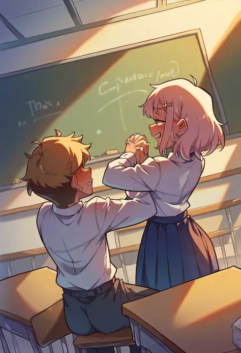 masterpiece, Highest quality, High resolution, Boy and girl student,、innocently holding hands infront of blackboard inside a classroom