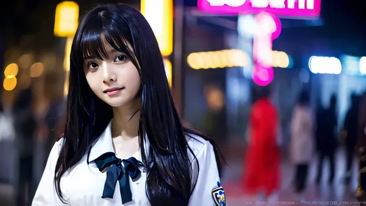 Highest quality,4K,8k,High resolution,masterpiece:1.2,Very detailed,A girl exuding fatigue,long, flowing black hair,Delicate features,Thinking eyes,White skin,Happy expression,Great atmosphere,Wearing a uniform、Gazing into the distance,,Romantic atmosphere...