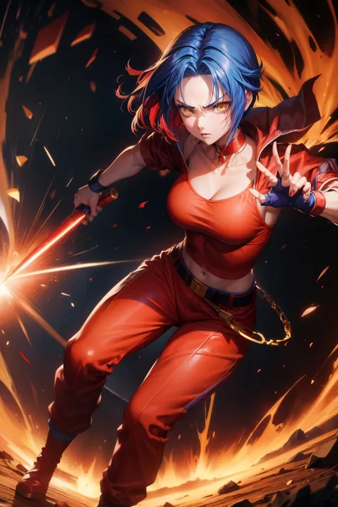 anime style, full body female character, (((Red clothes))), (((blue hair))), short hair, purple choker, (((yellow eyes))), red maid uniform, samurai, detailed, 8K, high quality, emotional effects, anime style, angry face