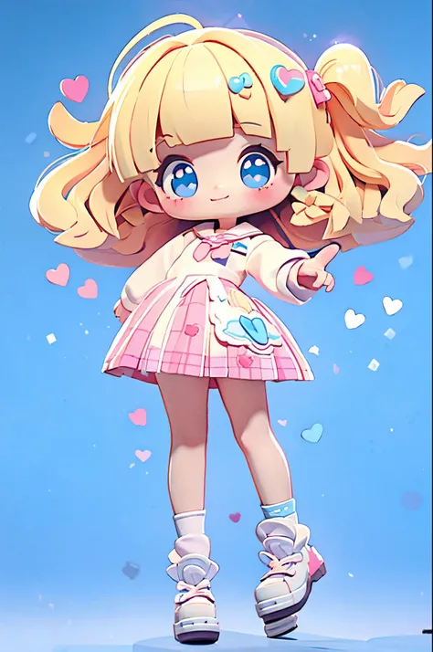 high resolution,smile,laugh,woman,woman1人,adult,Clear,cute,
((from front)),
((chibi)),
((peace sign)),
Sparkling eyes,
blunt bangs,wavy hair,Blonde Hair,BREAK,
Light blue eyes,BREAK,
high school girl,uniform,White shirt,BREAK,Pink checkered mini pleated sk...