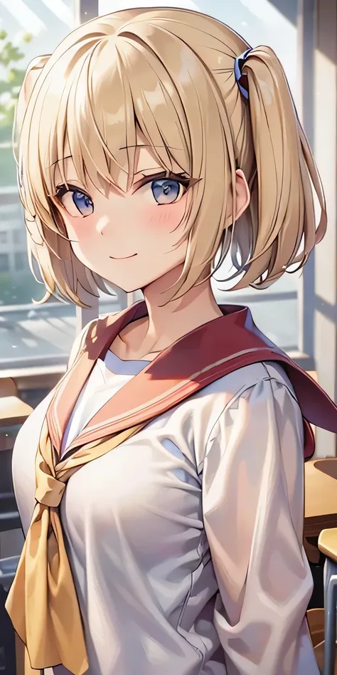 short hairstyle with twin tails，blonde，sailor suit，classroom，smile，