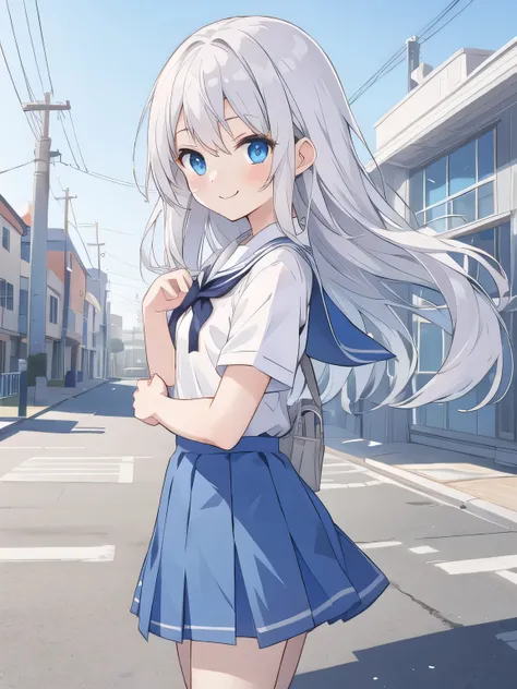 cute girl, アニメ, silver hair, Blue eyes, feel shy, cute, (young:1.1), side shot, cowboy shot, white school uniform, morning, school zone, smile, blue skirt, strong wind