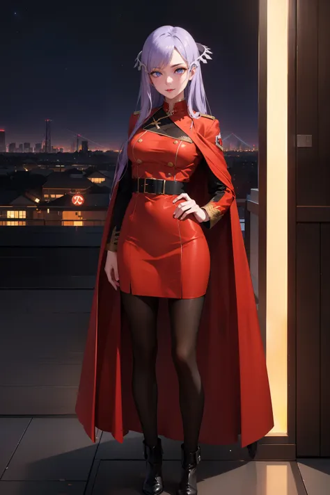 quinella, quinella, absurdly long hair, (purple eyes:1.1), long hair, parted bangs, purple hair, very long hair, hair ornament,medium breast,
BREAK (red uniform,red jacket,military_uniform,military,long_sleeves,red_cape,Black_shirt,pantyhose:1.2),
BREAK (N...