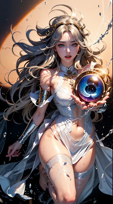 Brunette Girl, big Smile, Super beautiful sparkling eyes、Hanging from the ceiling with rough rope around his arms、Sweat、The rope bound her body、Wet body、Rough rope digging into crotch、A large amount of liquid flows out from the groin、One leg is suspended a...