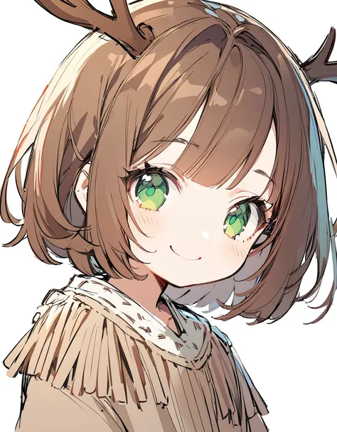 1 girl, (Sketches), (close), (Small body), (Pink Cheeks), (Cute deer antlers),brown Hair,smile, (Short Bob Hair:1.4), (green eyes), (Big Hair) , (fringe), (More about the Strand), (White Background)