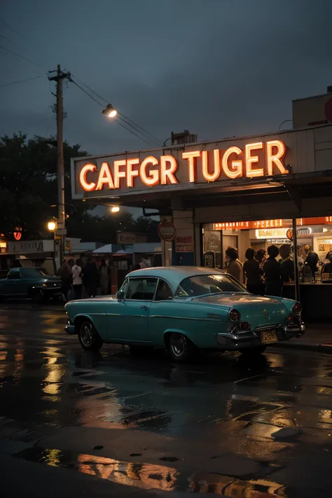 A classic teal-colored 1957 Chevy Bel-Air,  In a 1960s Vintage Backdrop_car prominently in the foreground, with chrome detailing and a yellow license plate. The car is parked on a wet street, reflecting the neon lights from the surrounding buildings. In th...