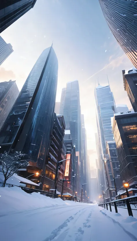 quiet morning, snow scene, skyscrapers, morning glow, fluttering powdery snow, low angle shot, ultra-wide-angle lens, looking up...