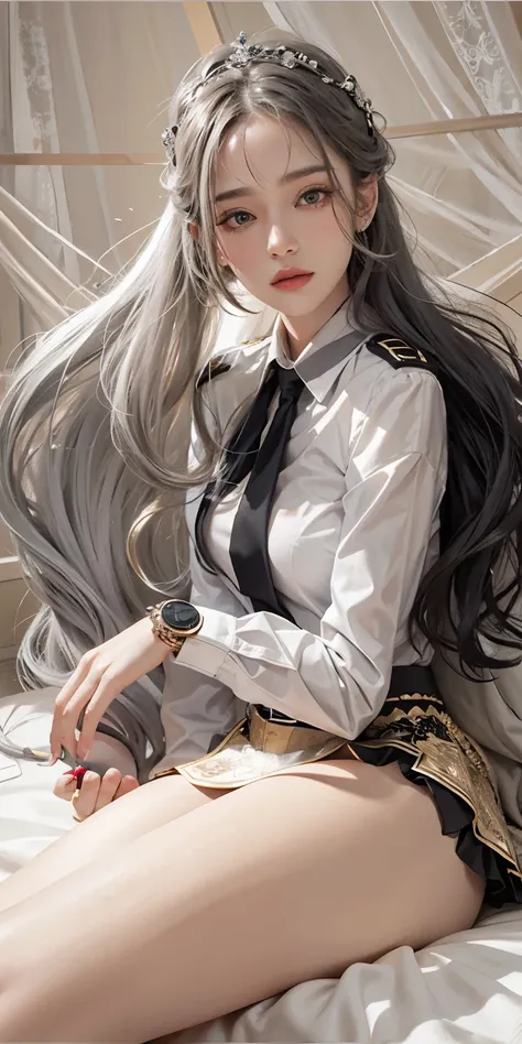 realistic, high resolution, soft light,1 woman, alone, hips up, Glowing skin, (detailed face),tattoo, decorations, Secretarial Set, white shirt, black skirt, black stockings, Garter, nighttime, white hair, Wavy hair, beautiful soldier, Eyes that invite the...