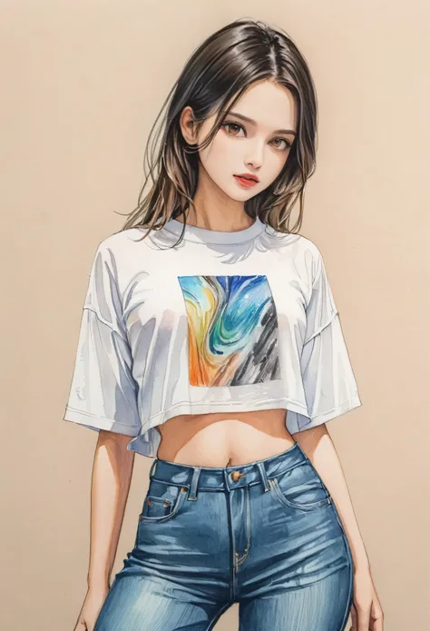  woman，Cropped shirt，White，Art，Colored pencil sketch，Ink Painting 