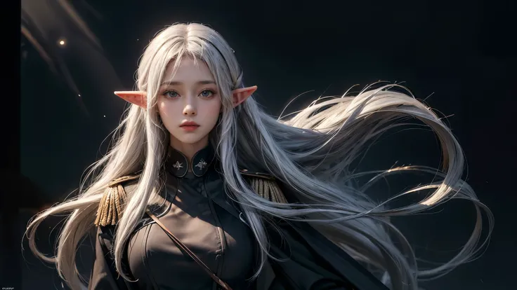 (Front focus), (in the darkness:1.6), Surrealist Portraits of Women by David Hockney and Alphonse Mucha, Fantasy Art, Photo-realistic, Dynamic Lighting, Art Station, poster, Volumetric Lighting, Very detailed faces, 4K, The award-winning, 1 female elf, Lar...