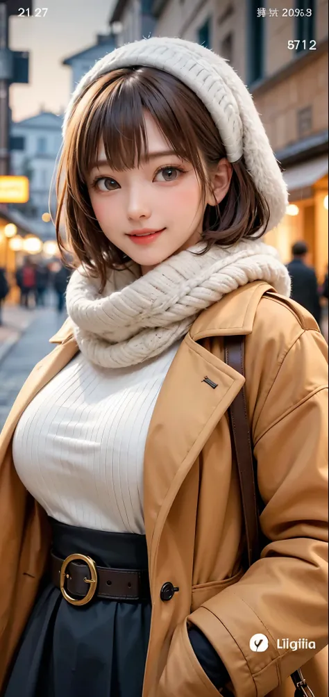 (​masterpiece, top-quality、Very attractive adult beauty、Add intense highlights to the eyes、Look firmly at the camera),1girl in, solo, A darK-haired, scarf, Hats,, realisitic, looking at the viewers, black eyes of light color, shorth hair, coat, Winter clot...