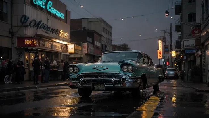 A classic teal-colored 1957 Chevy Bel-Air,  In a 1960s Vintage Backdrop_car prominently in the foreground, with chrome detailing and a yellow license plate. The car is parked on a wet street, reflecting the neon lights from the surrounding buildings. In th...