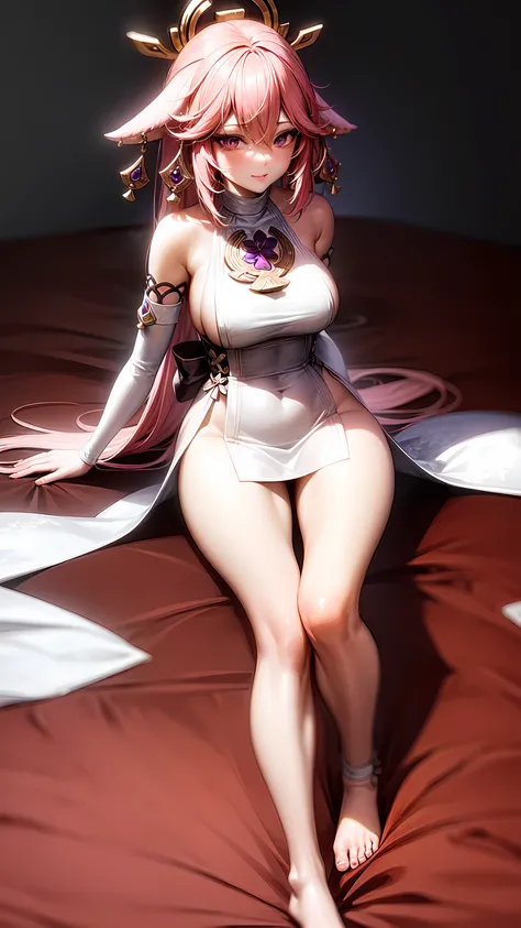 Yae Miko,purple eyes,Wedding Dress,long skirt,seductive face,legs open