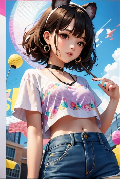 Top quality, highly detailed, UHD, idol, playing at an amusement park, cute and beautiful anthropomorphic koala girl with brown curly bob hair wearing a heart-shaped choker, casual clothes