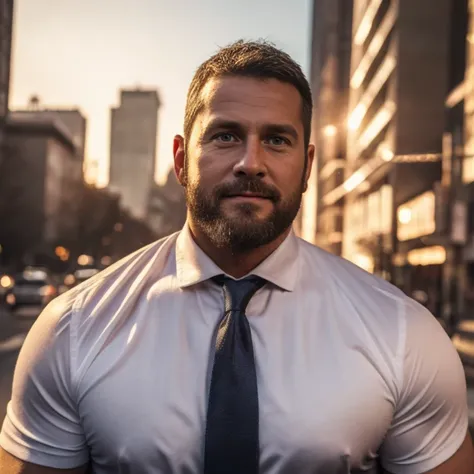 An award-winning original photo，A wild muscular man, (40 years old daddy:1.1), 1boy, Solo, (white dress shirt), (necktie), (big shoulderusculature, Short beard, Beautiful eyes:1.3), (Detailed face:1.3), wearing glasses, slightly smiles, A street of high-ri...