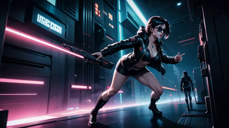 cyberpunk-style city with a nocturnal vibe with Star Wars-like aesthetic references. At night, (1girl, solo, alone), medium-breast slim:0.6 body, oval:0.5 face, cleavage:1.1, sexy black laced bra, miniskirt, white laced panty, coat, (black micro sunglasses...