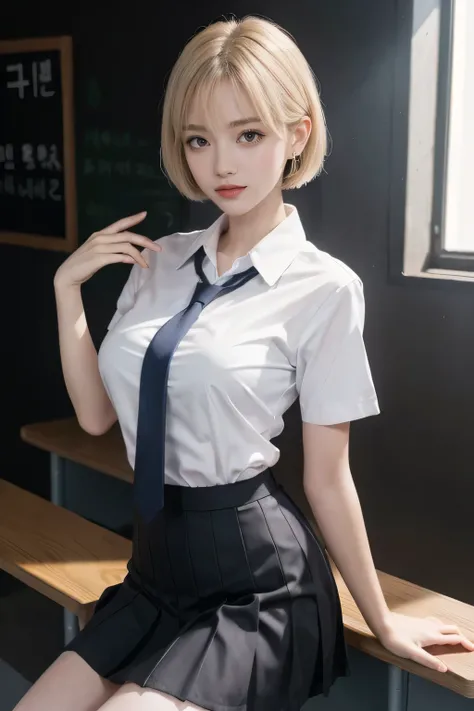 Korean School Uniform, Summer School Uniform Shirt, Ribbon Tie, Skirt, School Classroom, School Stairs, Chest Thrusting Pose, Breast Showing Pose, 8K RAW Photo, High Resolution,  Cool Korean, Very Big Round Breasts, Beautiful Eyes in Detail, Long Eyelashes...