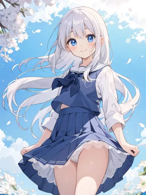 cute girl, アニメ, silver hair, Blue eyes, feel shy, cute, (young:1.2), side shot, cowboy shot, white school uniform, morning, school zone, smile, blue skirt, strong wind, (white lace pantie:1.2), (open leg:1.3), ローアングル