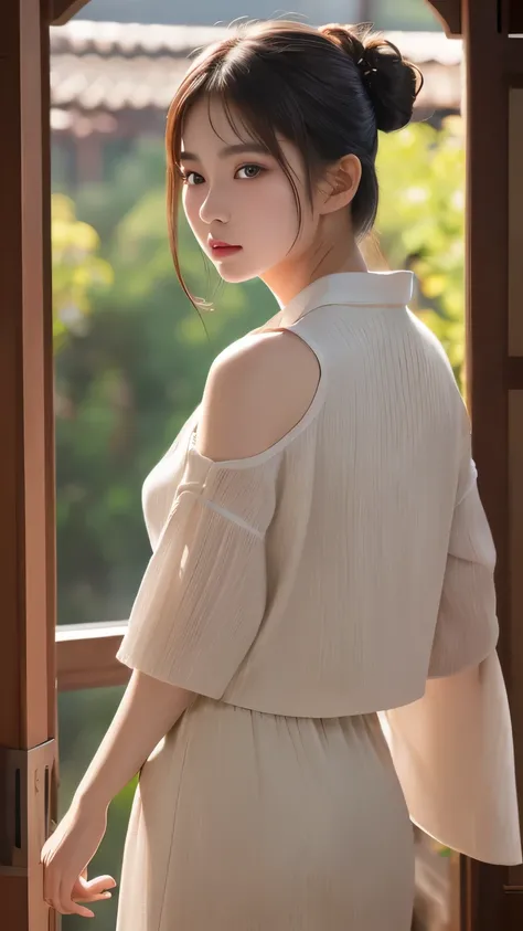 masterpiece, best quality, extremely detailed, (realistic, photo realistic:1.2), high resolution, RAW photo, 8k, Asian girl, 18yo, side bun,slender、Mid-chest、