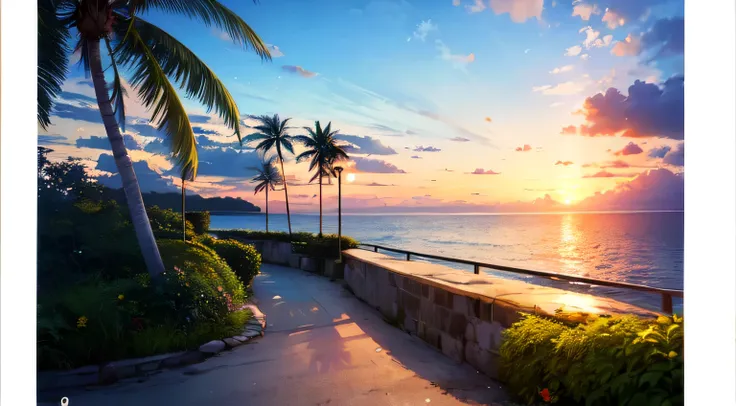 (8ก,RAW photos,Highest quality, Masterpiece,HDR,Bloom:1.2),girl,desktop wallpaper,outdoor,movie light,morning,cloud,sea,beach,summer,sky,sun,Coconut tree