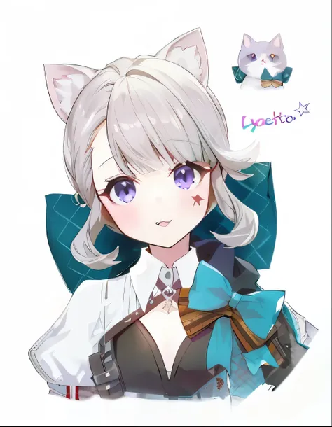 Anime character with cat ears and a bow tie and a cat, cute Anime Catgirl, Anime Catgirl, From Girls Frontline, An anime girl with cat ears, Anime Cat, beautiful Anime Catgirl, nyaruko-san, pixiv style, Stylized anime, Very beautiful Anime Cat girl, White ...