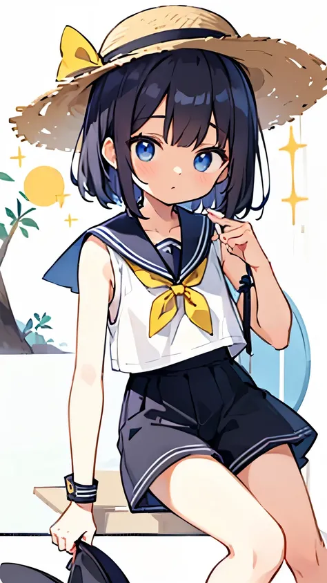 Highest quality、Masterpiece、Black medium hair、(Sleeveless、Sailor collar、White shirt:1.2)、high-waisted shorts、black culottes、(Petite、:1.3)、flat body、Yellow ribbon、Blue Eyes、Straw hat、